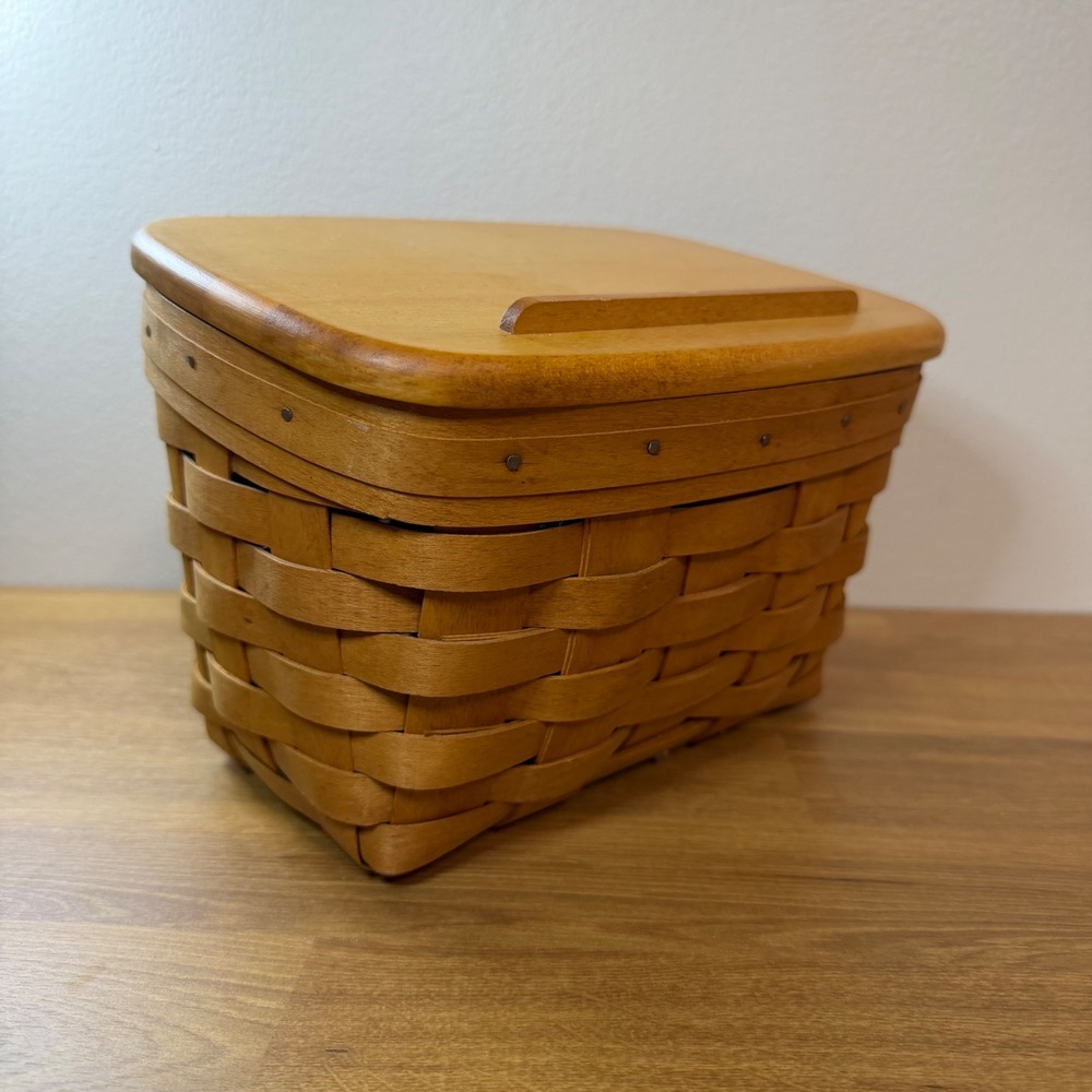 Longaberger 1996 Handwoven Rectangular Recipe Basket with Lid Honey Brown